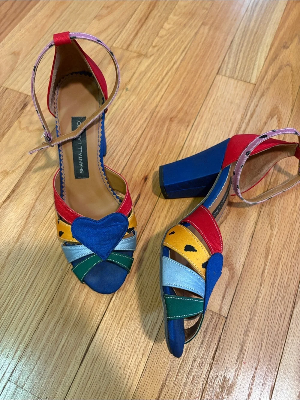 Shantall Lacayo Project Runway Raw Silk Heels Heart Rainbow Ankle-Strap Sandals